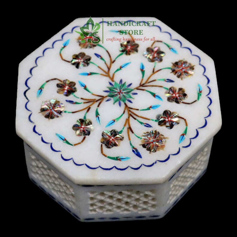 Marble Inlay Box Ablone Shell Semi-Precious Stone Inlaid with Filligiri Work