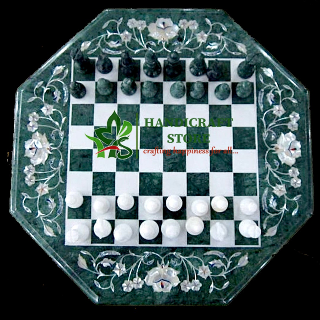Marble Inlay Chess Table green Marble Chess Board With Chess Etsy