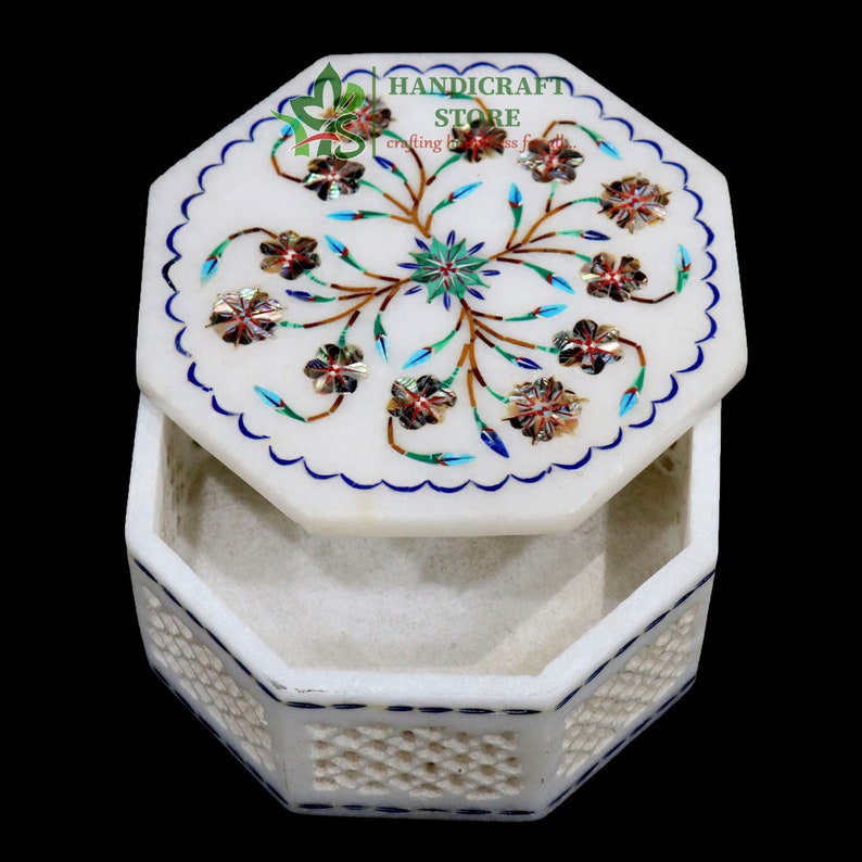 Marble Inlay Box Ablone Shell Semi-Precious Stone Inlaid with Filligiri Work