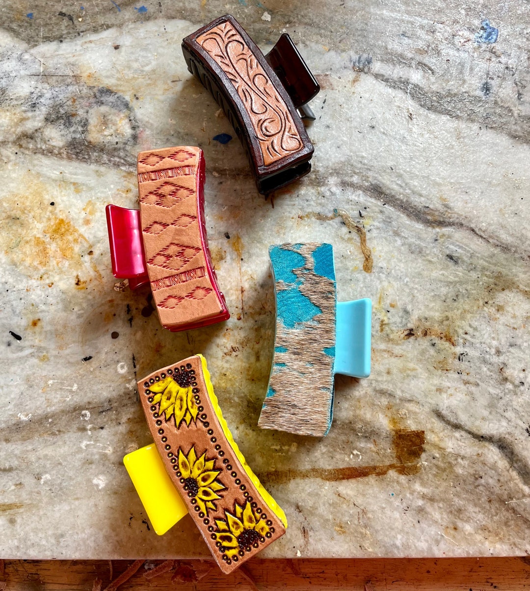 Tooled Leather Hair Clips Etsy
