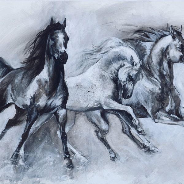 Printable wall art of running arabian horses from oilpaint, monochromatic art, study of animals,digital download,printable art,prints,equine