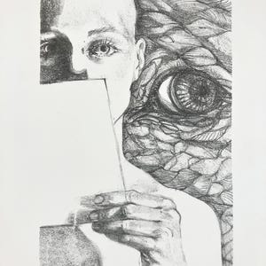 Dovresti sapere che..., litografia, stampa, mistico, elefante, occhio, angelo, bianco, bianco e nero, grafico, mistica, sogno, printwallart