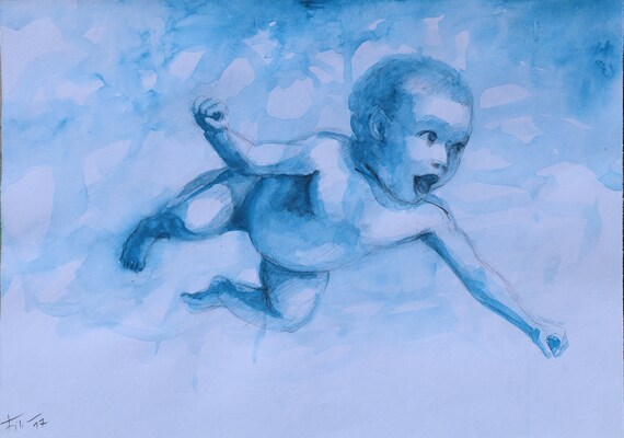 Baby Swimming Nirvana Bebe Azul Agua Sonrisa Buen Humor Etsy