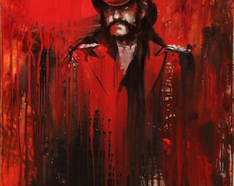 May include: A painting of a man with long black hair and a black hat with silver studs. He is wearing a red jacket and the background is a red and black abstract design.