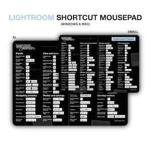 May include: Black and white mousepad with a Lightroom shortcut guide for Windows and Mac. The mousepad is divided into sections for panels, view and screen mode, library module, photos and catalogs, navigating modules, and develop module. The mousepad also includes a section for Lightroom Classic, which includes filtering photos, collections, and develop module.