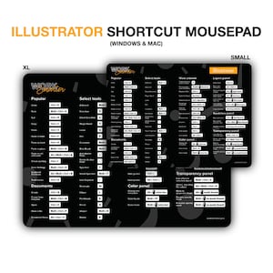 May include: A black and white mousepad with a black background and white text. The mousepad features a list of Adobe Illustrator keyboard shortcuts for Windows and Mac. The text includes the words "Work Smarter" and "Illustrator Shortcut Mousepad".