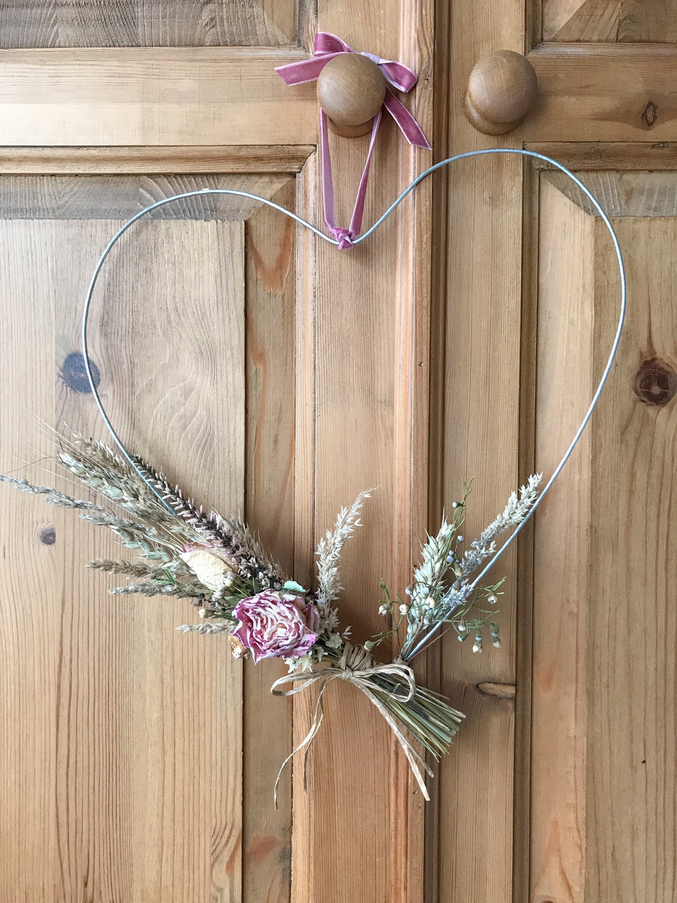 Silver Metal Heart Wreath with Dried Flowers Pink Velour Etsy