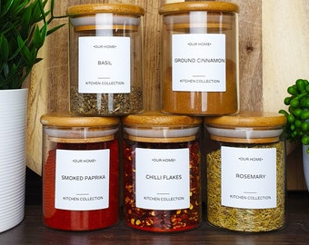 Minimalist Glass Spice Jar, Bamboo Lid, Pantry Storage