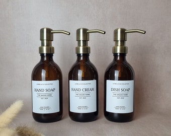 300ML Amber Glass Bottle with White personalised label, Custom Wedding and Anniversary Gift, Reusable Hand Soap Shampoo Dish Soap Dispenser