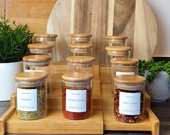 Set of 12 Glass Spice Jars, Bamboo Lid, Personalised Pantry Labels