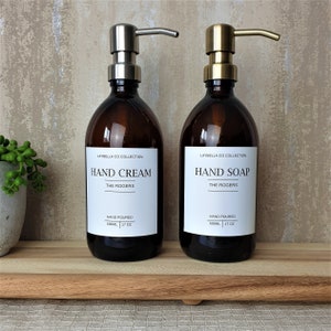 500ML Reusable Amber Glass Bottle with White personalised minimalist label, Hand Soap Shampoo Body Wash Dispenser, Wedding gift for couple