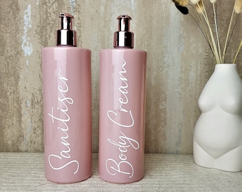 Pink Refillable Pump Bottle, Rose Gold Dispenser, Personalized Bathroom Decor