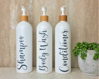 White Bathroom Pump Bottles with Bamboo Pump | Refillable Dispensers