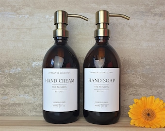 Personalized Amber Glass Soap Dispenser, Custom Anniversary Gift, Hand cream, Shampoo, Stainless steel pump, Refillable, Bathroom Bottles