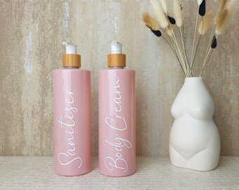 Personalized Pink Pump Bottle, Bamboo Lid, Refillable Soap Dispenser (500ml)