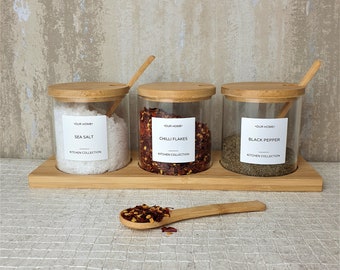Personalized Bamboo Lid Glass Jars with Spoons, Waterproof Labels, Set of 3