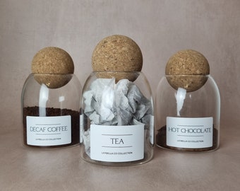 Set of 3 Cork Ball 500ml Glass Jars, Salt Pepper Set, Tea coffee sugar canister, Kitchen Storage Jars