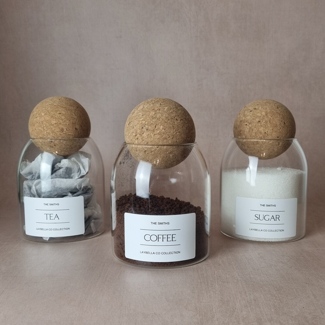 Personalised Set of 3 Cork Ball 500ml Glass Jars, Tea Coffee Sugar ...