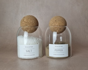 Personalized Glass Kitchen Jars with Cork Ball Lid - Salt and Pepper Set, Coffee, Sugar, Tea Canister, pantry and kitchen storage