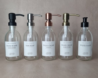 300ML Clear Glass Bottle with White personalised label, Custom Wedding and Anniversary Gift, Reusable Hand Soap Shampoo Dish Soap Dispenser