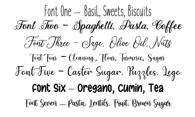 May include: A list of seven different fonts with example words written in each font. The fonts are labeled "Font One" through "Font Seven".