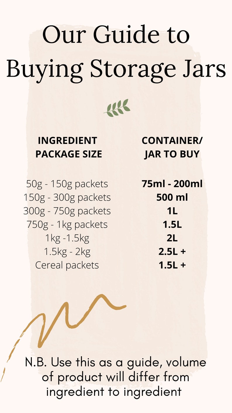 May include: A guide for buying storage jars based on the size of the ingredient package. The guide lists different package sizes from 50g to cereal packets and recommends the appropriate jar size to buy, ranging from 75ml to 1.5L+