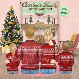 クリスマス ファミリー クリップアート。家族の DIY ポートレート ママ、パパ、子供のクリップアート。クリスマスの人々のイラスト。居心地の良い暖炉の背景。大家族