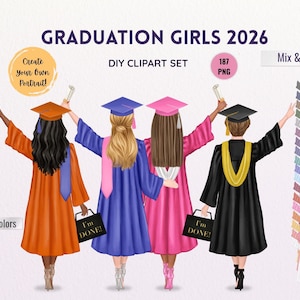 Senior 2026 Graduation Clipart Bundle, Back View Grad Girls PNG, Mix and Match Graduation Portrait Creator, Graduation Best Friends