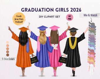 Graduation Girls 2026 Clipart Set, Mix Match Portraits (Digital Download)