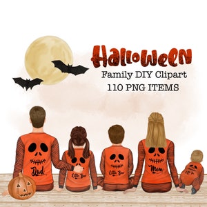 Clipart de familia de Halloween. Familia en pijamas de Halloween. Padres con niños. Regalo del día de otoño. Miembros de la familia. Ilustraciones de una familia sentada