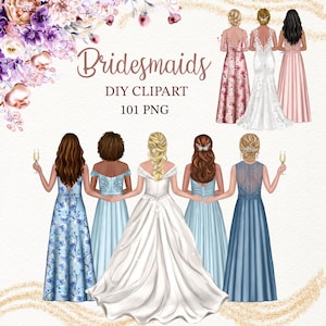 Brautjungfer Clipart. Hochzeitskleid Clipart. Benutzerdefinierte Braut Grafiken. Braut Porträt Schöpfer. Beste Freunde Brautjungfern. Glitzernde Braut png