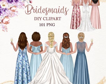 Bridesmaids Portrait Creator Clipart Bundle, Watercolor Back View Wedding PNG (101 Images)