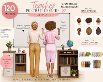 Teacher Clipart Bundle, Mix & Match Hair, Outfits, Back To School (Digital Download)