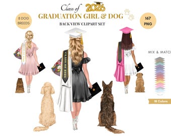 Graduation Girl Dog Clipart Set: Class of 2026 Back View Poses (Digital Download)