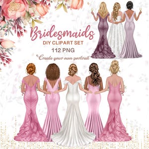 Clipart de dama de honor. Clipart de vestido de novia. Gráficos nupciales personalizados. Creador de retratos nupciales. Mejores amigas damas de honor. Novia brillante PNG.