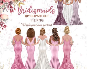 Dusty Rose Bridesmaids Portrait Creator, Bridal Mix Match Clipart Bundle (112 PNG)