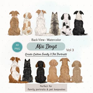 カスタム家族ポートレート用の犬の背面図クリップアート、水彩のミックス犬 PNG、ポートレート作成アセット。