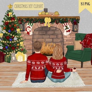 Weihnachten Familie Clipart. Paar DIY Clipart. Familienmitglieder. Gemütliche Winter-Grafik. Weihnachtlicher Kamin. Personalisiertes Porträt Geschenk