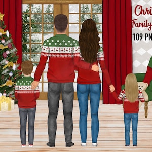 クリスマスの家族のクリップアート。家族のメンバーのインテリア。親と子供。居心地の良い室内グラフィック。カスタマイズ可能なポートレート要素。家族のひととき