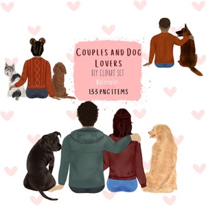 Watercolor Couple Clipart. Family Members Graphic. Hoodie Couples Sublimation. Couple with dogs png. Dog Clipart. Family Look Graphic.