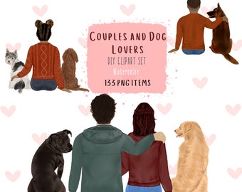 Watercolor Couple Clipart. Family Members Graphic. Hoodie Couples Sublimation. Couple with dogs png. Dog Clipart. Family Look Graphic.