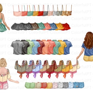 May include: A digital illustration featuring various clothing items in a row. There are skirts, shirts, blouses, and handbags in a variety of colors. The image also includes illustrations of people from the back, wearing some of the clothing.