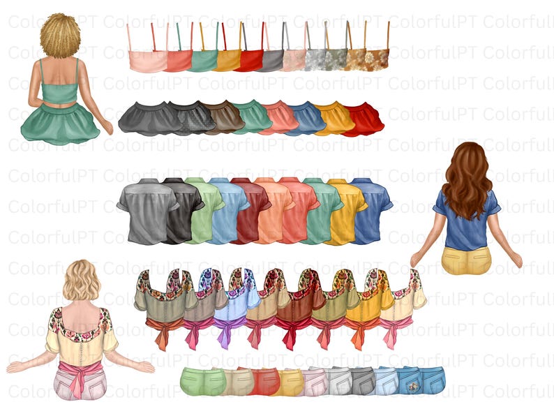 May include: A digital illustration featuring various clothing items in a row. There are skirts, shirts, blouses, and handbags in a variety of colors. The image also includes illustrations of people from the back, wearing some of the clothing.