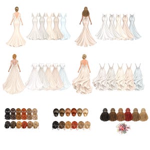 May include: A digital illustration featuring various figures seen from the back, wearing floor-length gowns in shades of white, cream, and light blue. The collection includes multiple hair color options and styles, along with a small floral bouquet.