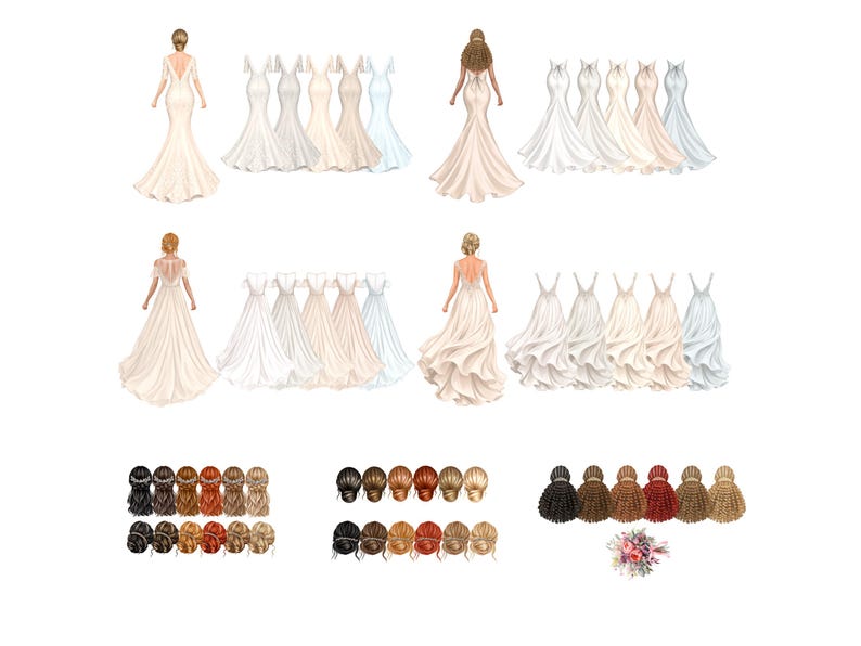 May include: A digital illustration featuring various figures seen from the back, wearing floor-length gowns in shades of white, cream, and light blue. The collection includes multiple hair color options and styles, along with a small floral bouquet.