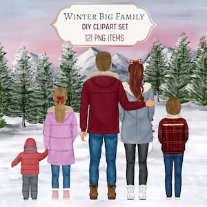Winter Familie Clipart. Romantisches Paar Portrait. Eltern und Kinder. Familie zusammen im Schnee. Personalisierbares Familien Portrait. Menschen Back Png