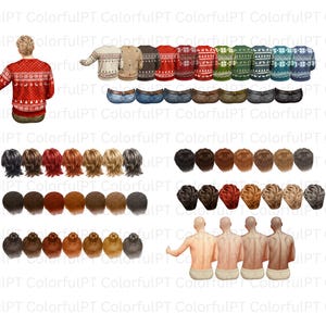 May include: A digital illustration set featuring a person wearing a red patterned holiday sweater, a row of various colored sweaters with jeans, and multiple options for hairstyles and skin tones shown from the back for customization purposes.