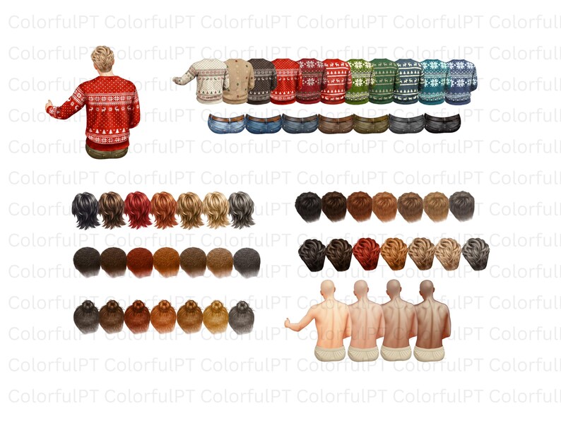 May include: A digital illustration set featuring a person wearing a red patterned holiday sweater, a row of various colored sweaters with jeans, and multiple options for hairstyles and skin tones shown from the back for customization purposes.