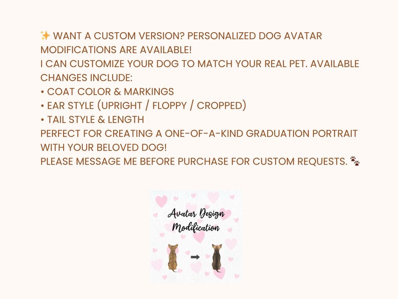 May include: A light beige background with text offering custom dog avatar modifications. Changes include coat color, ear style, and tail length. The text also includes the phrase "Avatar Design Modification" and two dog illustrations.