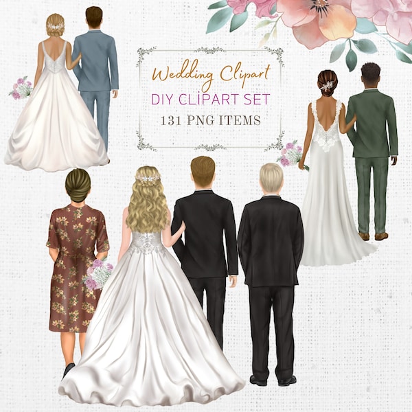 Wedding DIY Clipart. Wedding Dress Bundle, Customizable Bridal Clipart. Bride and Groom. Bride Dad and Mom. Wedding Family Portrait Design